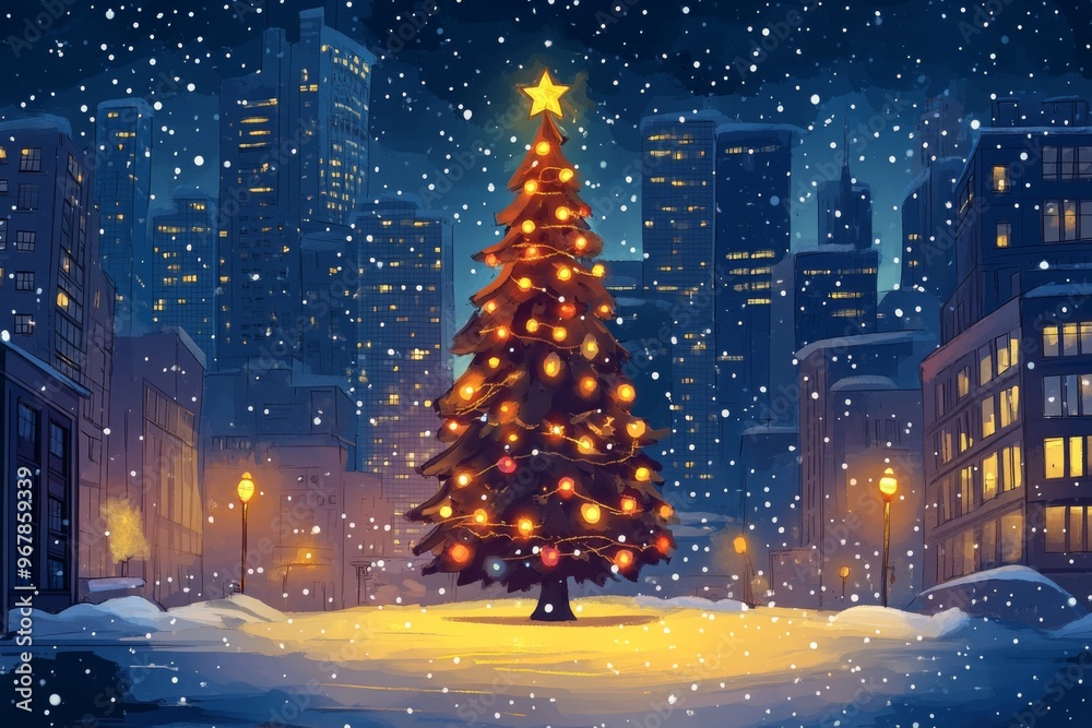 a stunning christmas tree in a public square, surrounded by tall buildings and city lights illustration a stunning christmas tree in a public square, surrounded by tall buildings and city lights illustration