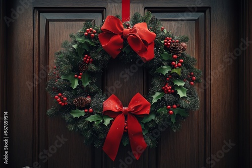 a stunning christmas wreath made of evergreen branches, holly, and mistletoe, hanging on a large wooden door with a festive red bow