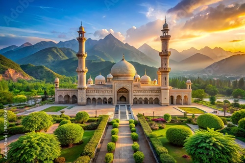 Serene morning scene of a holy city's majestic mosque with intricate architecture, surrounded by lush greenery and photo