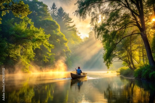 Serene morning scene of a solitary canoe gliding through misty waters, surrounded by lush greenery and majestic trees, photo