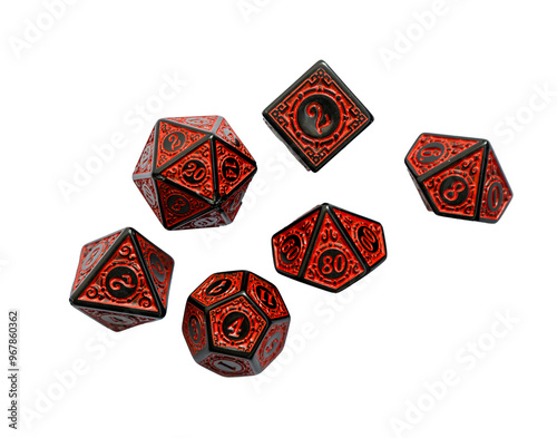 Set of red dice for rpg, dnd or board games on a light background. polyhedral dice (d4, d6, d8, d10, d12 and d20) for fantasy games