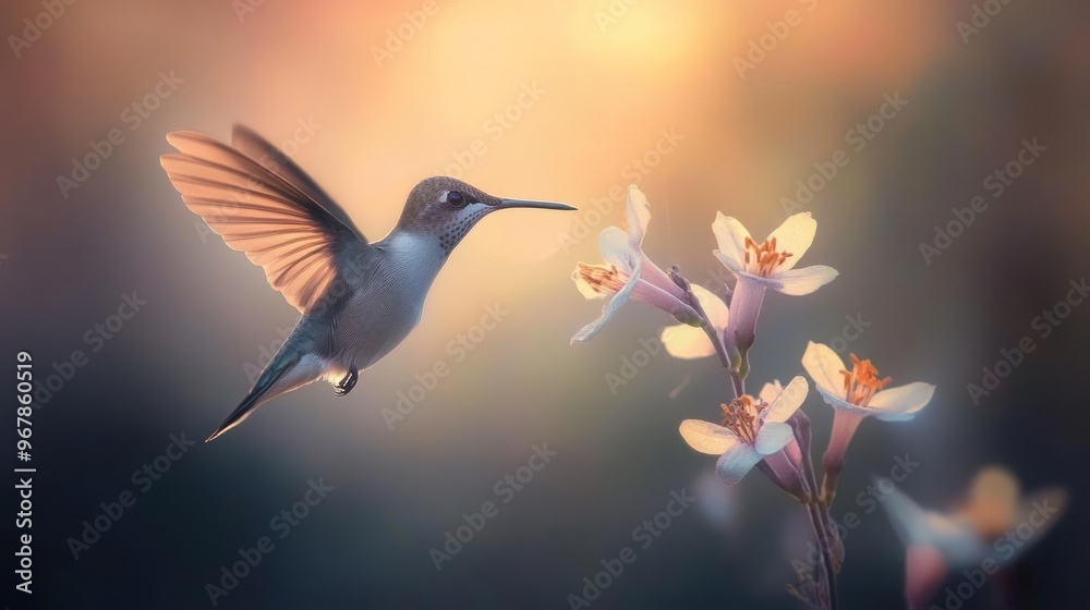 Naklejka premium Hummingbird in Flight with Delicate Flowers