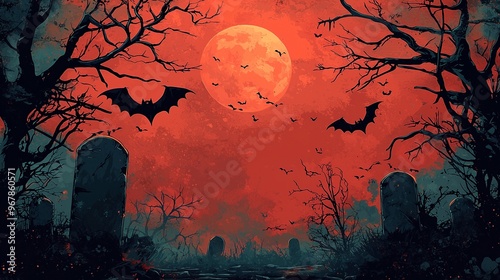 A spooky Halloween scene with a large moon, bats flying, and a graveyard. photo