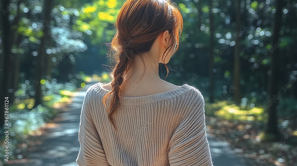 A model in a light summer knit, wandering through a sun-dappled forest, the soft sunlight creating patches of light and shadow on the forest floor, her knit softly glowing in the warm natural light . A model in a light summer knit, wandering through a sun-dappled forest, the soft sunlight creating patches of light and shadow on the forest floor, her knit softly glowing in the warm natural light .