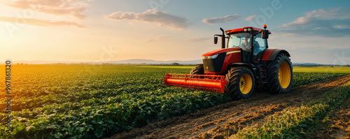 A red tractor driving through a large farm field with crops, highlighting modern farming practices during sunset.