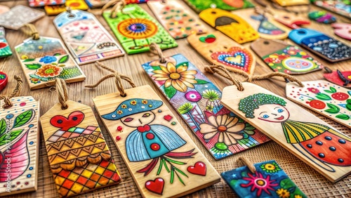 Colorful handcrafted wooden tags with vibrant designs displayed on a woven surface