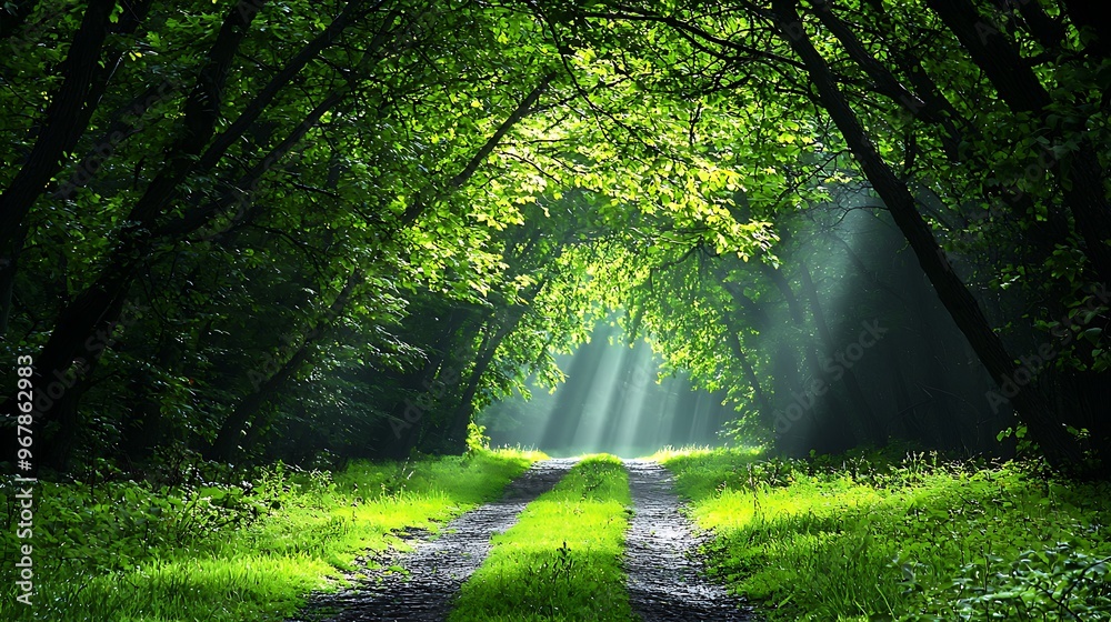 Fototapeta premium Sunbeams break through the trees, illuminating a serene forest path.