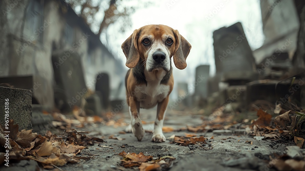 Beagle in a zombie costume walking through a haunted graveyard, zombie dog, Halloween horror pet Beagle in a zombie costume walking through a haunted graveyard, zombie dog, Halloween horror pet