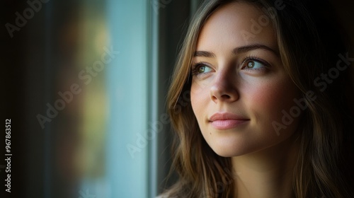 A contemplative young woman gazes thoughtfully out a window, reflecting on her thoughts. Free Download A contemplative young woman gazes thoughtfully out a window, reflecting on her thoughts. - GFXLoad
