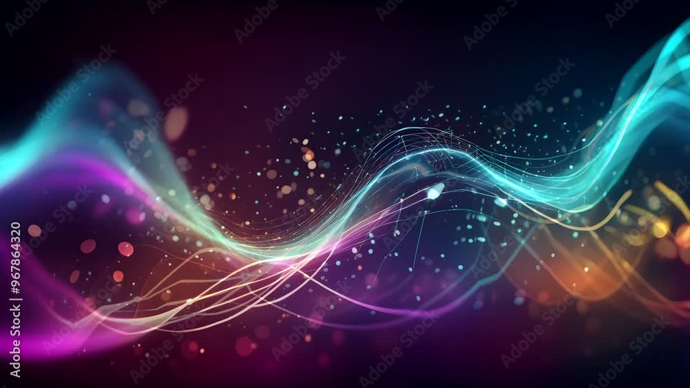Abstract colorful waves with glowing dots on a dark background. Abstract colorful waves with glowing dots on a dark background.