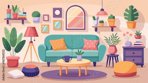 Living room interior furniture and decorative elements - pink ottoman and pillows, armchair and plants in flowerpot, table and lamp, aroma candles and wall pictures. Cartoon vector illustration set.