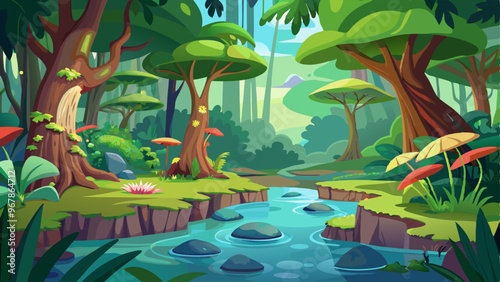 Jungle forest landscape with swamp for game background. Fantasy tropical woods scene with bog water, green grass, trees and foliage, mushrooms and lianas, vector cartoon illustration