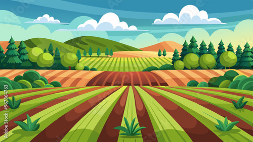 Top view of farm field with green grass and plowed soil. Vector cartoon background of countryside land, plantation with furrow on ground and rows of grow plants