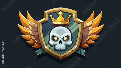 Gold victory and metal defeat ui game screen icon. Win and lose shield emblem with skull and goblet for pirate mobile rpg. 3d rivalry assets. Champion success or fail strip design with wings and crown