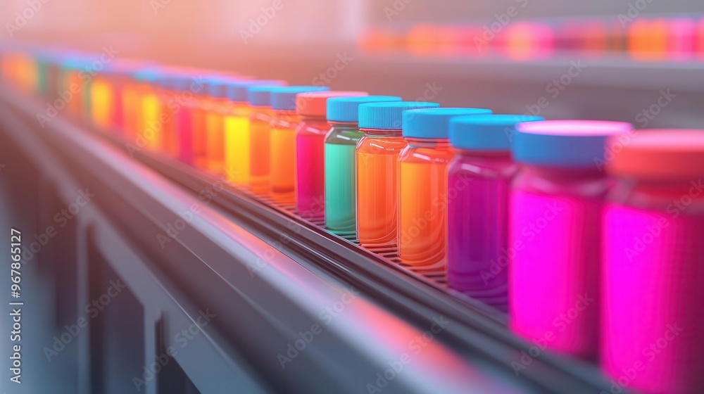 An abstract scene of a food packaging line with vibrant packages flowing through a digital labeling process, Digital Art, Bright tones An abstract scene of a food packaging line with vibrant packages flowing through a digital labeling process, Digital Art, Bright tones