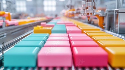 Wallpaper Mural A conveyor belt moving vibrant food packages, with machines adding labels, surrounded by factory machinery, Photorealistic, Industrial lighting Torontodigital.ca