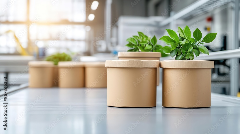 A sleek, eco-friendly food production line with simple labels being printed on biodegradable packaging, Photorealistic, Soft, earthy tones A sleek, eco-friendly food production line with simple labels being printed on biodegradable packaging, Photorealistic, Soft, earthy tones
