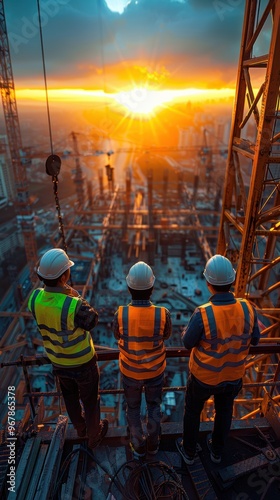 Wallpaper Mural Photo of an Asian engineering team wearing yellow vests and white helmets, discussing a project with a crane at a construction site under a blue sky in the morning. This concept provides copy space fo Torontodigital.ca