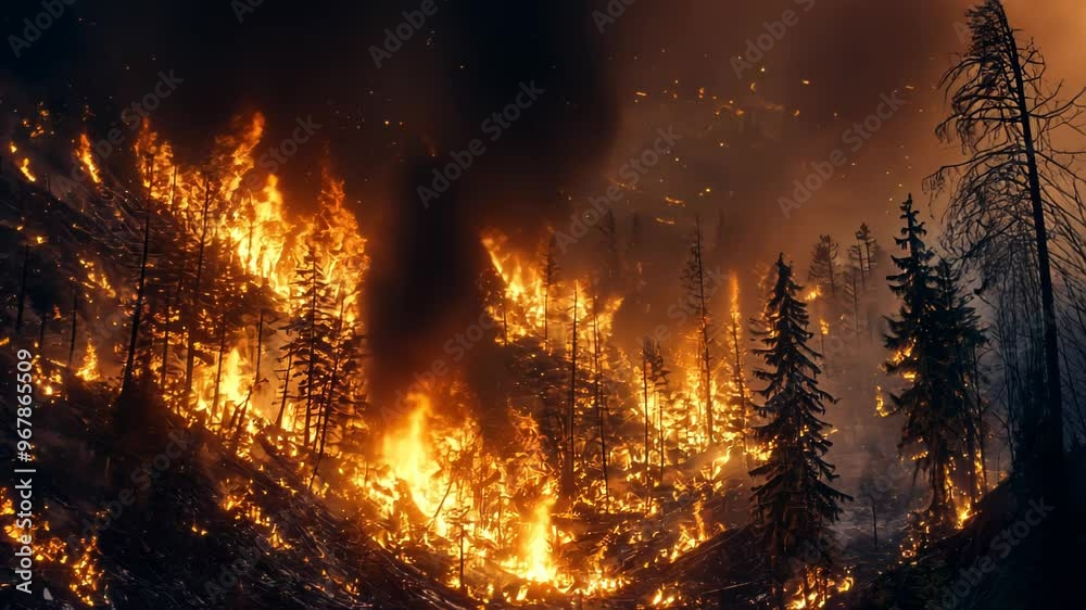 A raging wildfire consumes a forest A raging wildfire consumes a forest