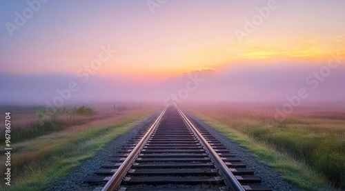 A beautiful sunrise over the railway tracks in an open field, with mist and smoke rising from afar. 