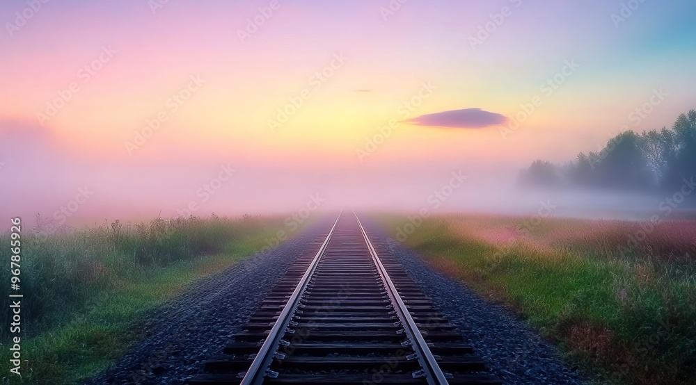 A beautiful sunrise over the railway tracks in an open field, with mist and smoke rising from afar.
A beautiful sunrise over the railway tracks in an open field, with mist and smoke rising from afar.