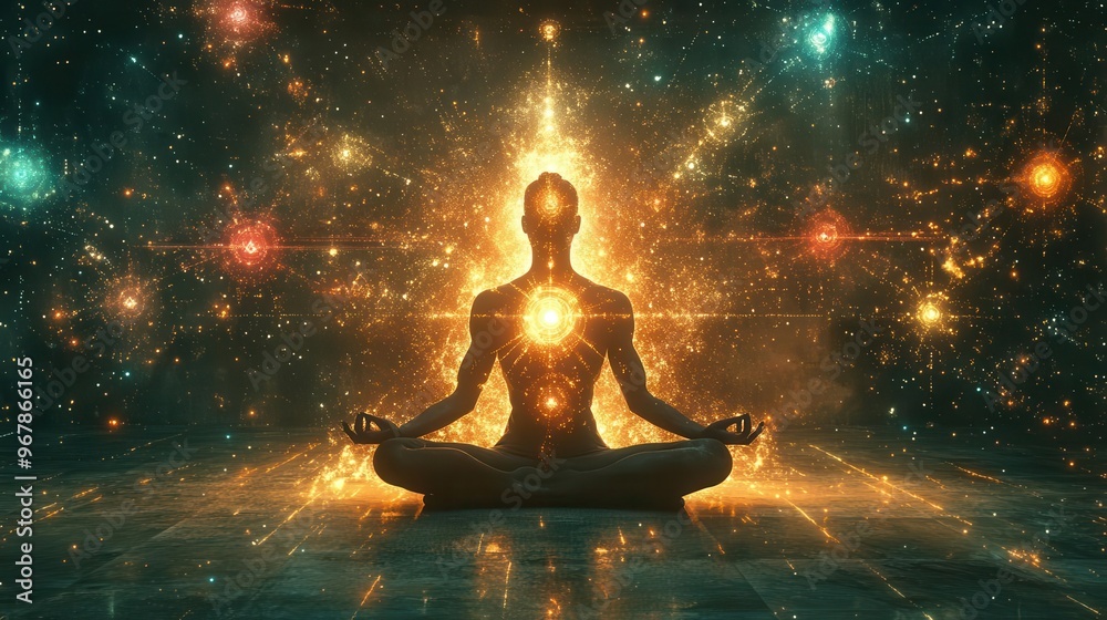Meditation scene with chakras as radiant energy points, mind expanding into a vast cosmos of thoughts, chakra thinking, universal mind Meditation scene with chakras as radiant energy points, mind expanding into a vast cosmos of thoughts, chakra thinking, universal mind
