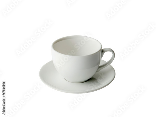 Elegant white cup with a saucer, perfect for serving coffee or tea in a minimalist style, PNG, transparent, No background.