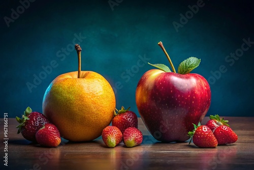 Two nearly identical vibrant fruit still-life arrangements with slight variations in arrangement, color, and shadow, photo