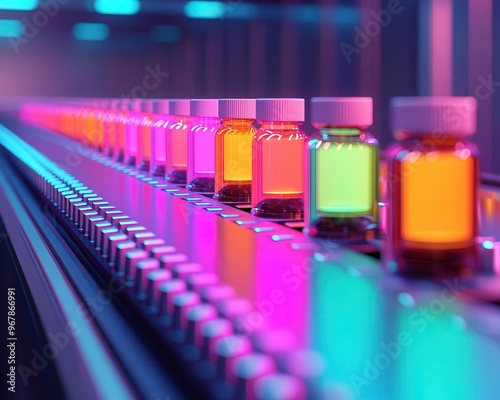 An abstract, futuristic representation of a food packaging line, with vibrant colors and glowing labels flowing through a digital assembly process, Digital Art, Bright tones