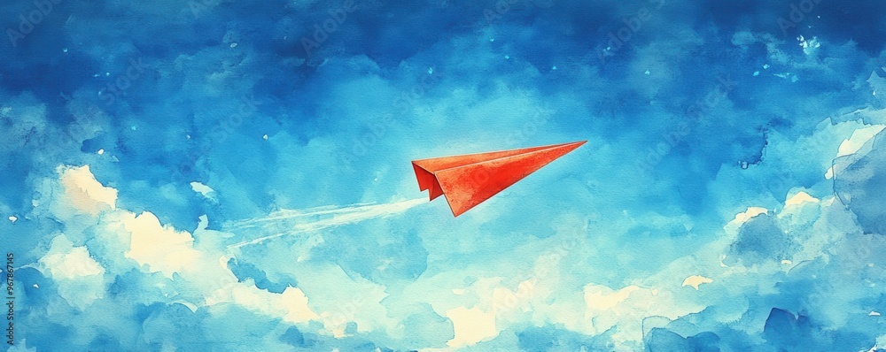 A vibrant red paper airplane soaring through a bright blue sky with fluffy clouds, symbolizing freedom and adventure. A vibrant red paper airplane soaring through a bright blue sky with fluffy clouds, symbolizing freedom and adventure.