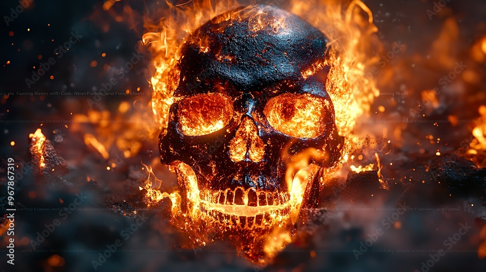 Dark fiery scene featuring a skull with neon flames and glowing skeletal bones. Dark fiery scene featuring a skull with neon flames and glowing skeletal bones.