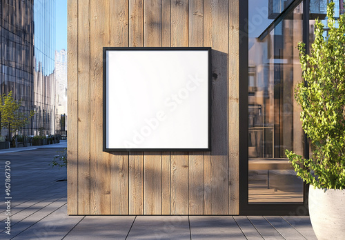 A blank white square wall sign on the side of an outdoor modern wooden building facade. 