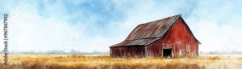 A rustic red barn stands proudly in a golden field under a bright, cloudy sky. Perfect for nature and rural lifestyle themes.