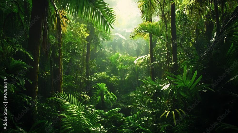 A dense section of the Amazon rainforest with towering trees and lush green foliage, showcasing the diverse plant life A dense section of the Amazon rainforest with towering trees and lush green foliage, showcasing the diverse plant life