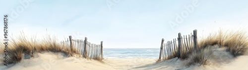 A serene beach scene featuring tall grasses and a wooden fence leading to the calm ocean under a clear blue sky.