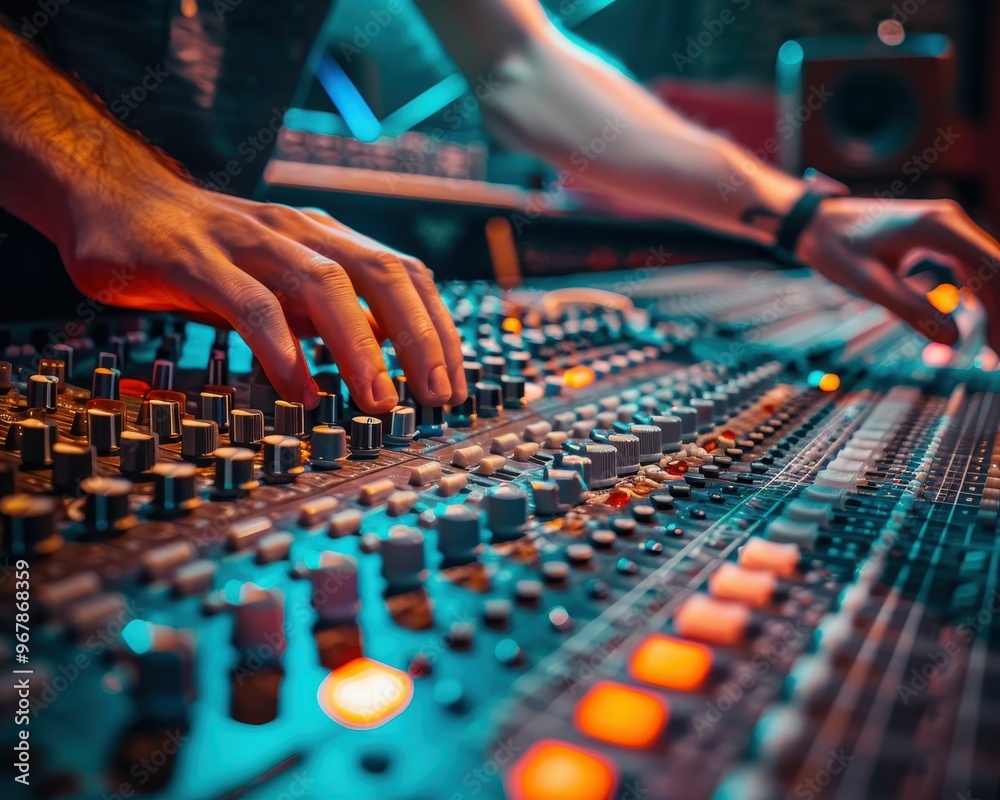 Closeup of a sound engineer's hands adjusting knobs on a mixing console. Closeup of a sound engineer's hands adjusting knobs on a mixing console.