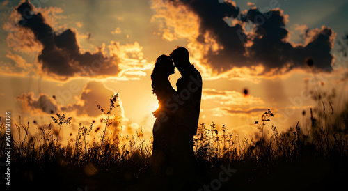 Silhouette of a male and female couple in love during sunset. Romantic background. Concept of a couple in love, romance.