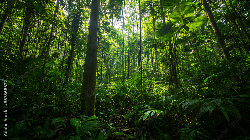 Fototapeta premium A wide-angle view of the Amazon rainforest, showing a mix of tall trees, vines, and thick underbrush