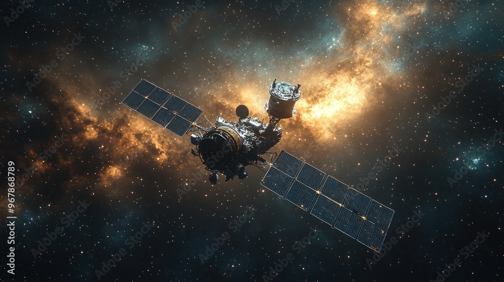 Spacecraft exploring the cosmos with solar panels and instruments. Spacecraft exploring the cosmos with solar panels and instruments.
