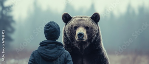 A person gazes at a majestic bear in a misty forest, capturing the essence of nature's beauty and wildlife encounter. photo