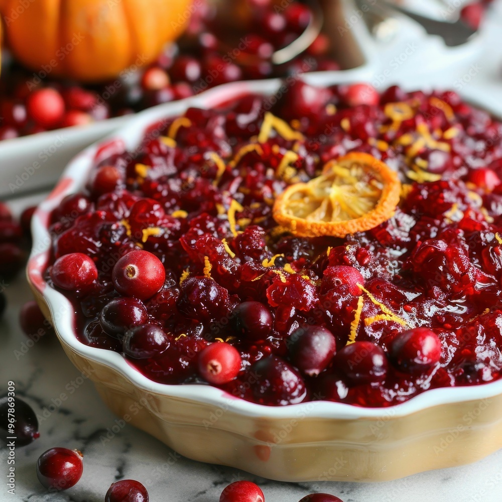 © MINMIN - Closeup of cranberry sauce with orange zest and a dried orange slice garnish. © MINMIN - Closeup of cranberry sauce with orange zest and a dried orange slice garnish.