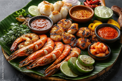 A colorful display of grilled Southeast Asian seafood with fresh herbs and vibrant garnishes