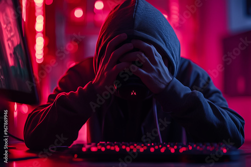 Frustrated hacker in a dark room overwhelmed by technology late at night