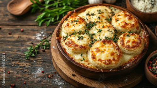 Close-up of croffles topped with melted cheese and herbs on a rustic wooden table, served warm for a cozy snack or brunch in a homestyle setting photo