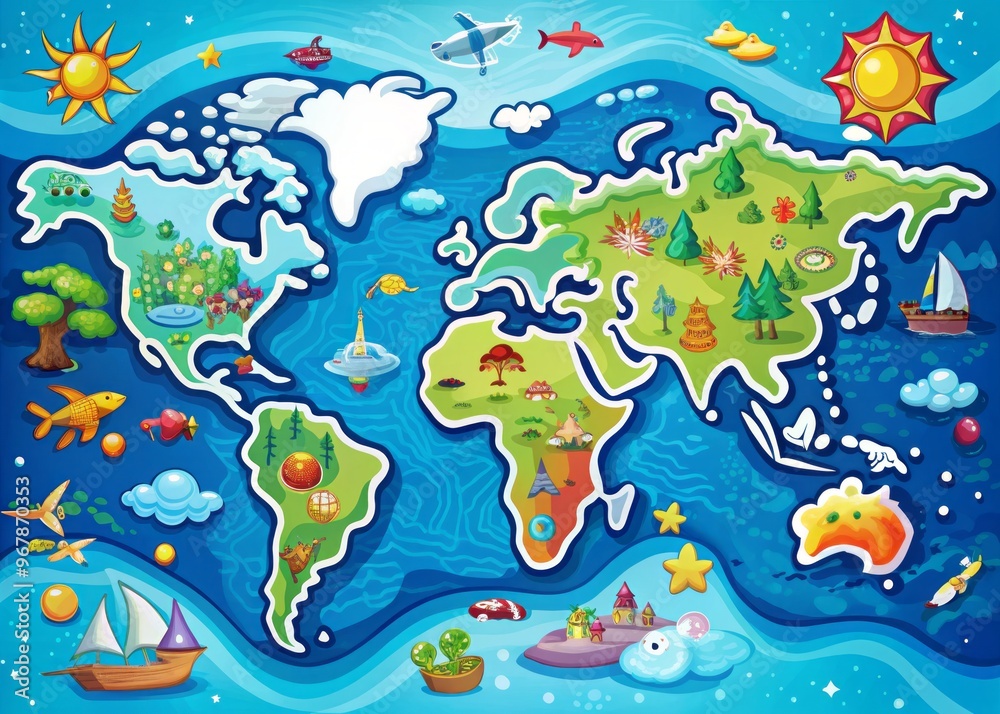 Vibrant cartoon illustration of a whimsical world map, featuring colorful continents, wavy oceans, and playful icons, Vibrant cartoon illustration of a whimsical world map, featuring colorful continents, wavy oceans, and playful icons,
