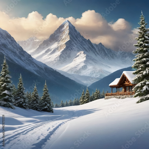 create a realistic and stylish snow scene with a mountain background