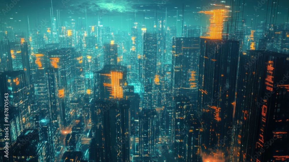 Futuristic Cityscape at Night with Glowing Buildings Futuristic Cityscape at Night with Glowing Buildings