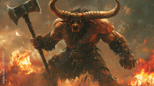 Ferocious minotaurs wielding massive battle axes - generative ai. Minotaur. Illustration photo