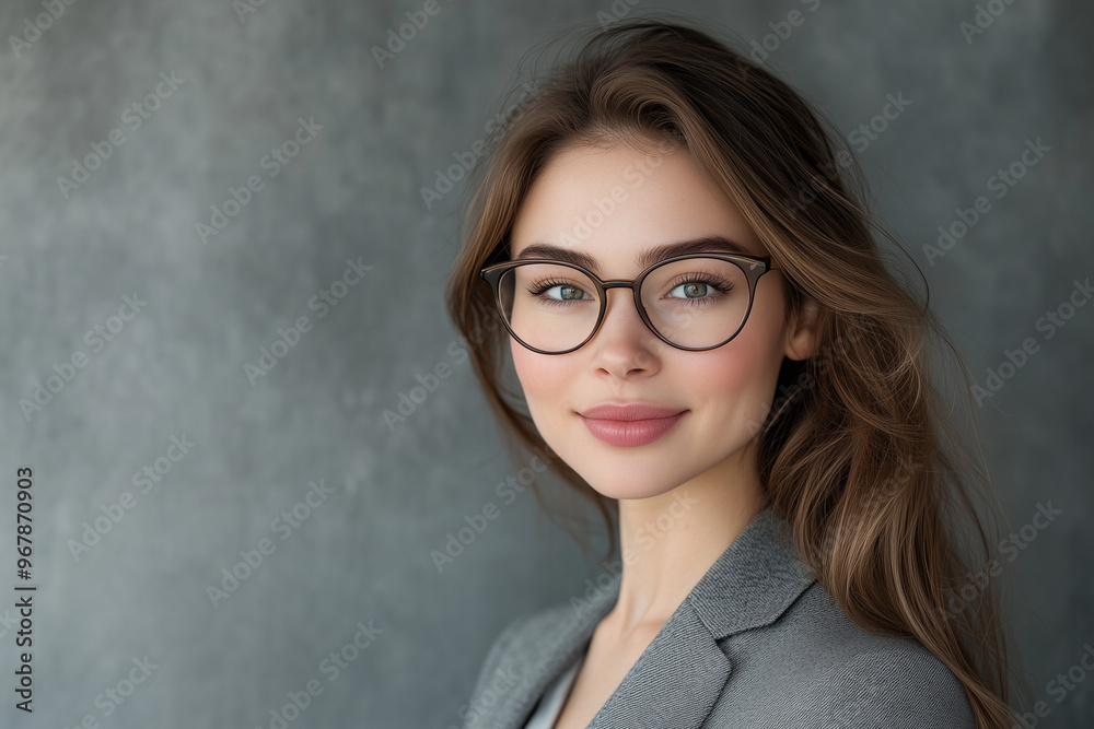A confident businesswoman in glasses smiles warmly against a neutral background A confident businesswoman in glasses smiles warmly against a neutral background