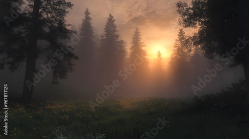 beautiful view Sunbeams Through Foggy Forest